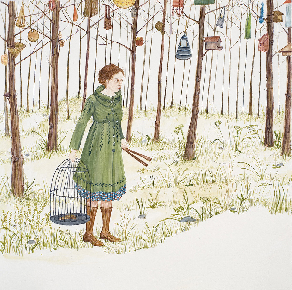 Woman with bird cage
