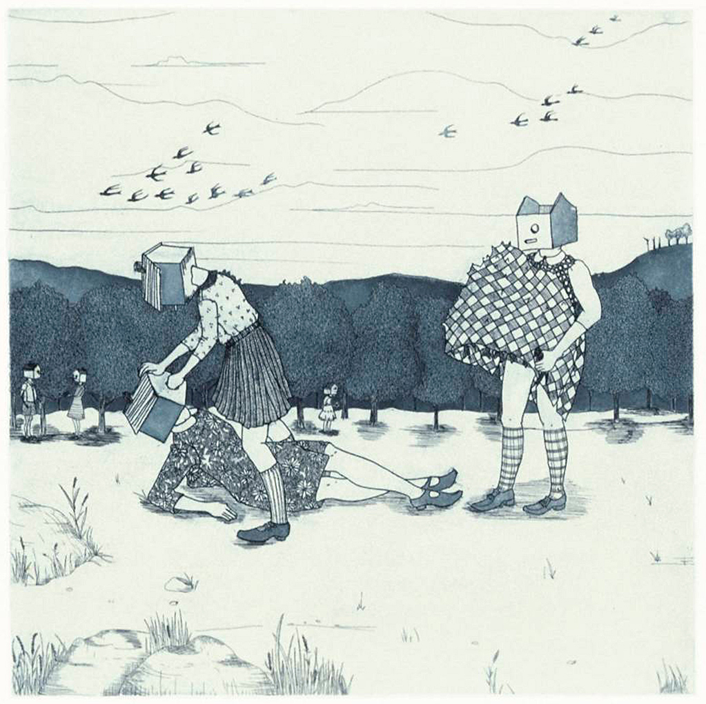 Three women with bird houses as heads