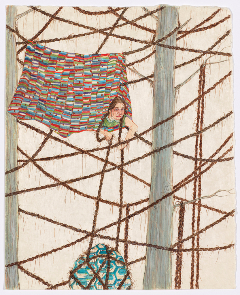Woman hanging between two trees lifting up a parcel with her braids