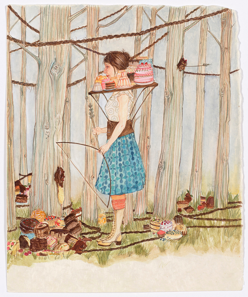 Woman carrying cakes on her shoulders and a bow and arrow