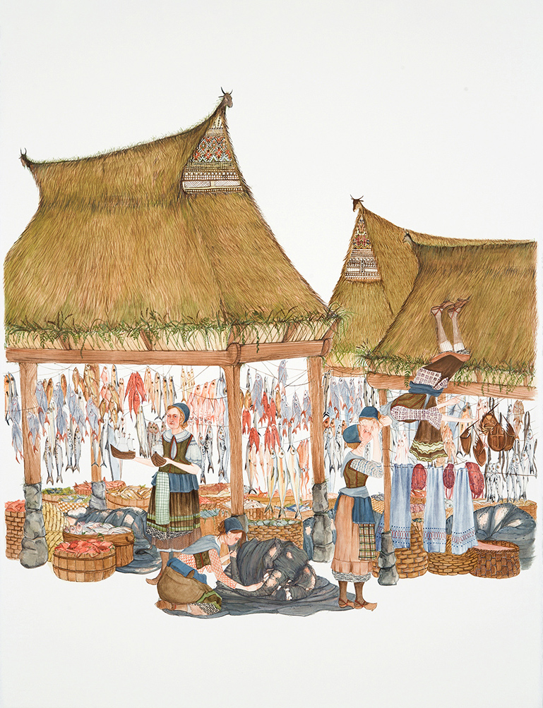 A group of women with dried fish
