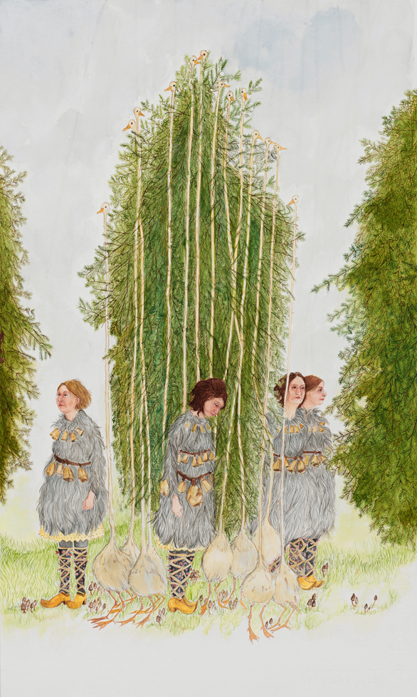 Four women standing in a forest of trees with a group of geese