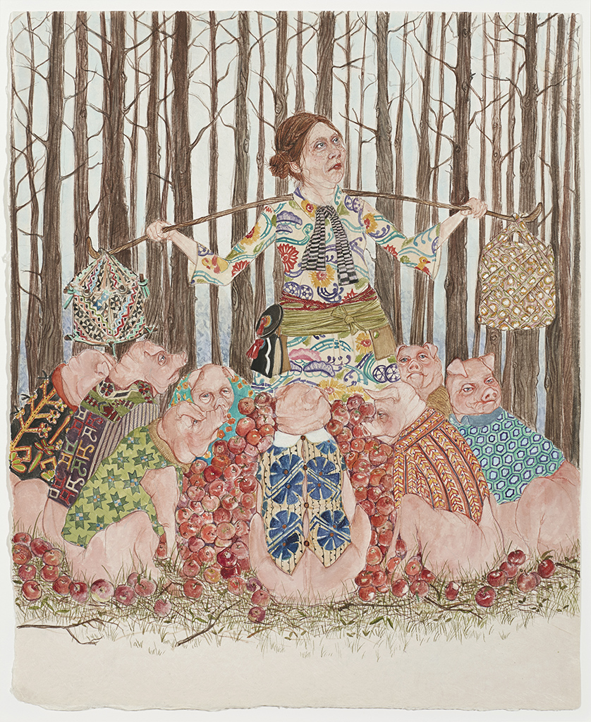 Woman with group of pigs dressed in human clothes