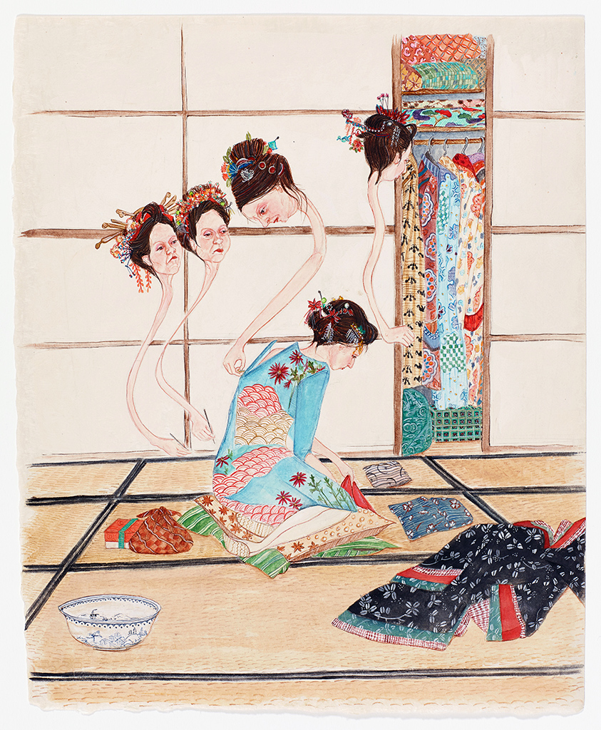 Woman sitting on the floor wearing a kimono with four floating heads