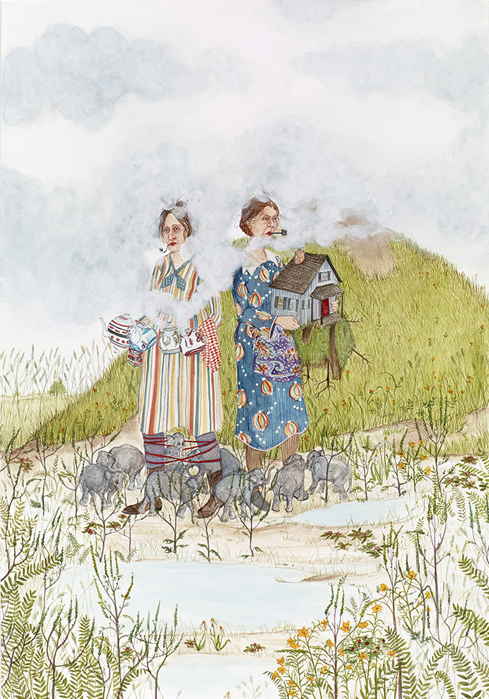 Two women smoking pipes, one carrying teapots, the other a miniature house