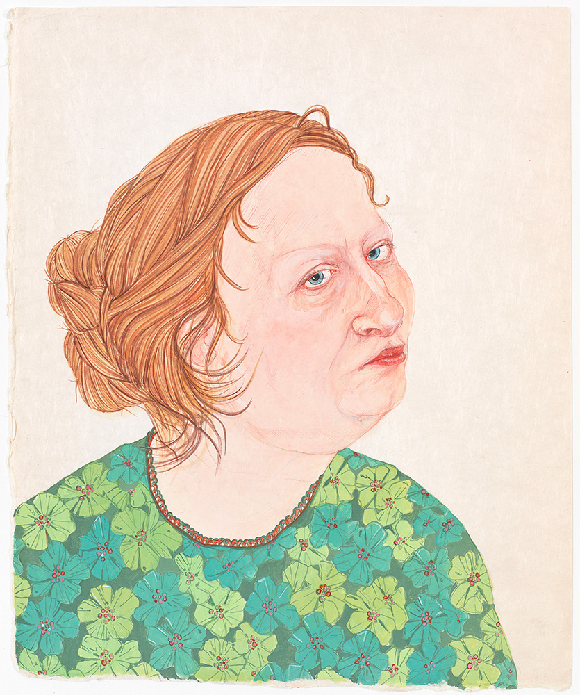 Portrait of a woman with red hair and a flowery green blouse