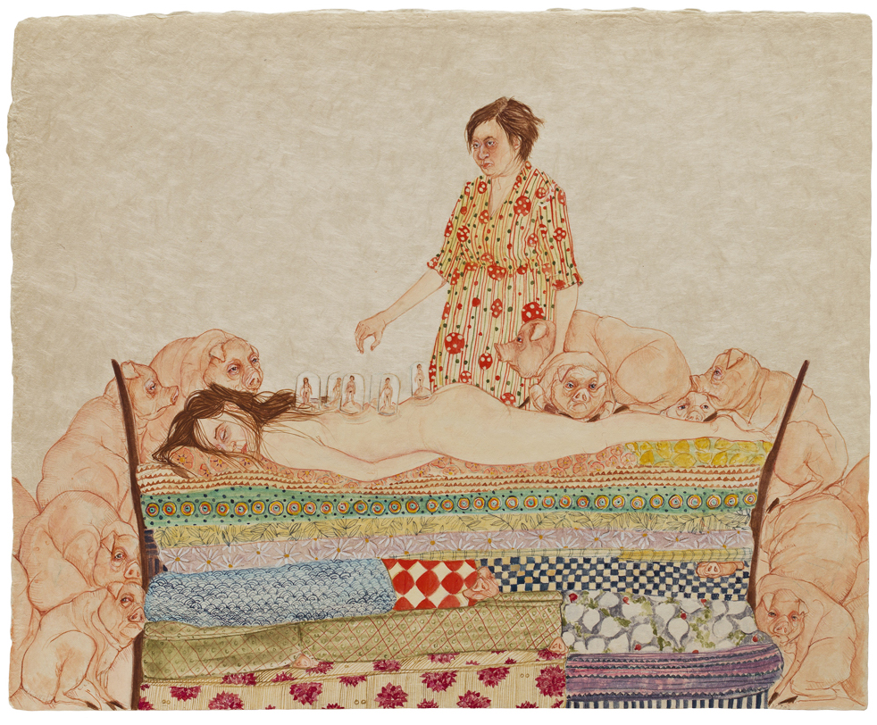 A woman with a group of pigs standing next to a woman lying on top of a stack of mattresses