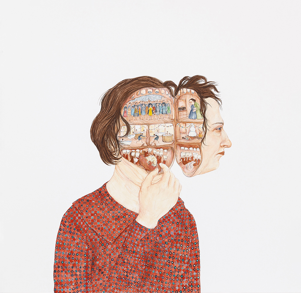 Woman with open head filled with rooms, teeth, and people