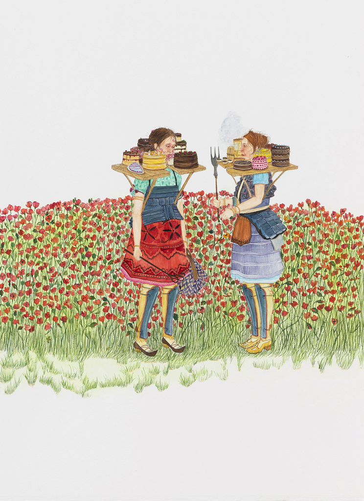 Two women carrying cakes on their shoulders
