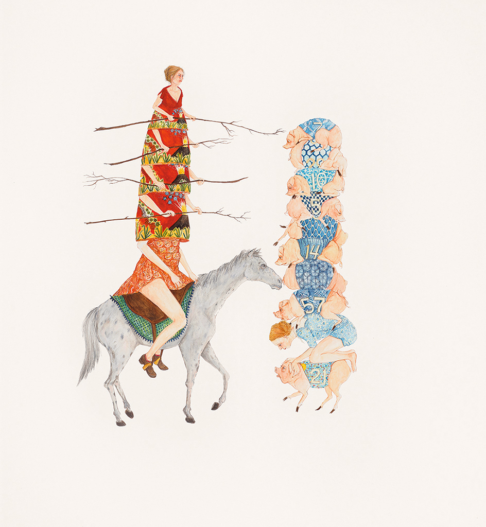 Women with branches stacked up on a horse