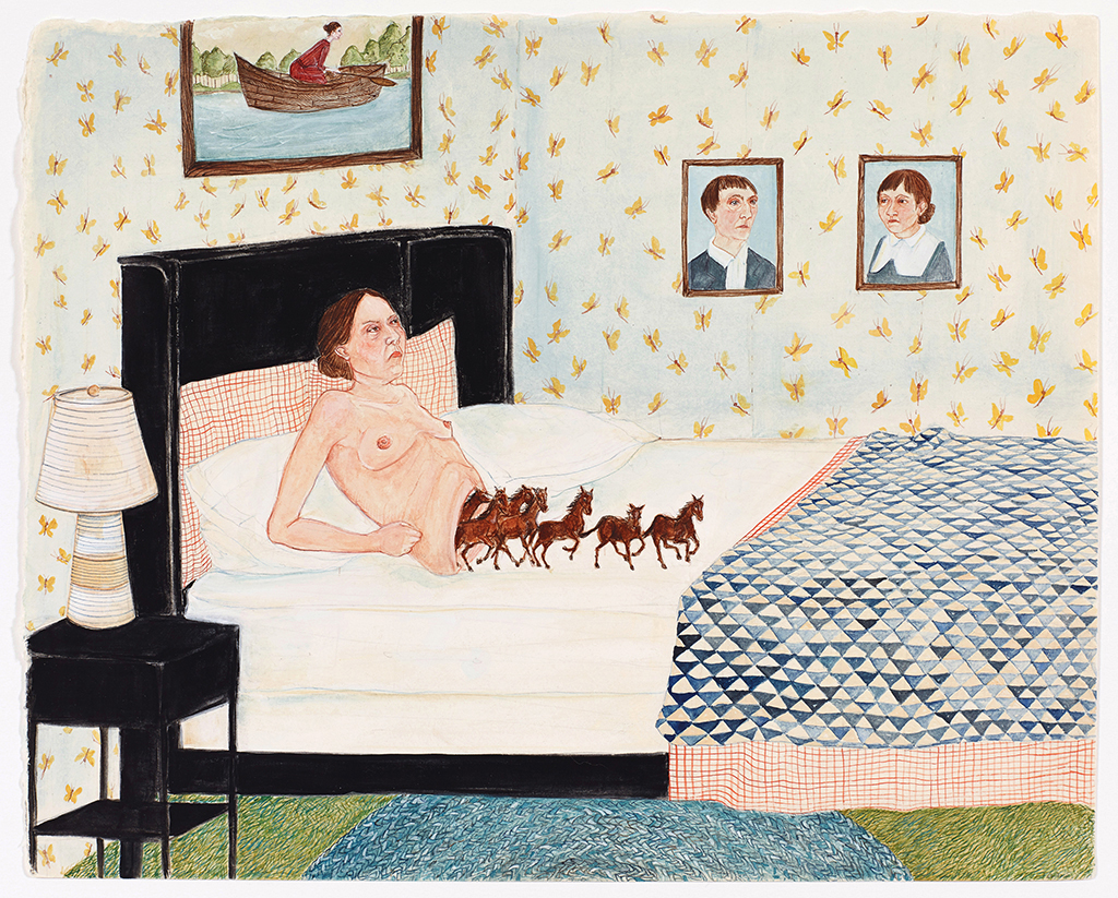 Woman lying in bed with horses coming out of her abdomen
