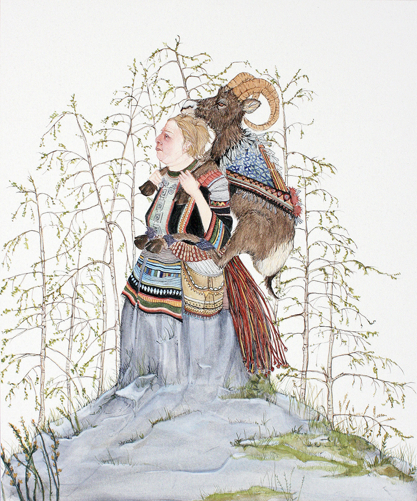 Woman carrying an alpine goat on her back