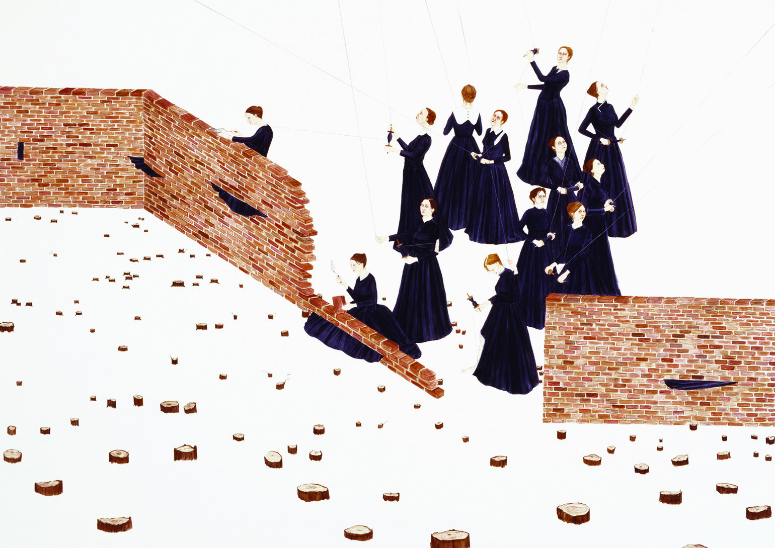 A group of women on strings building a wall