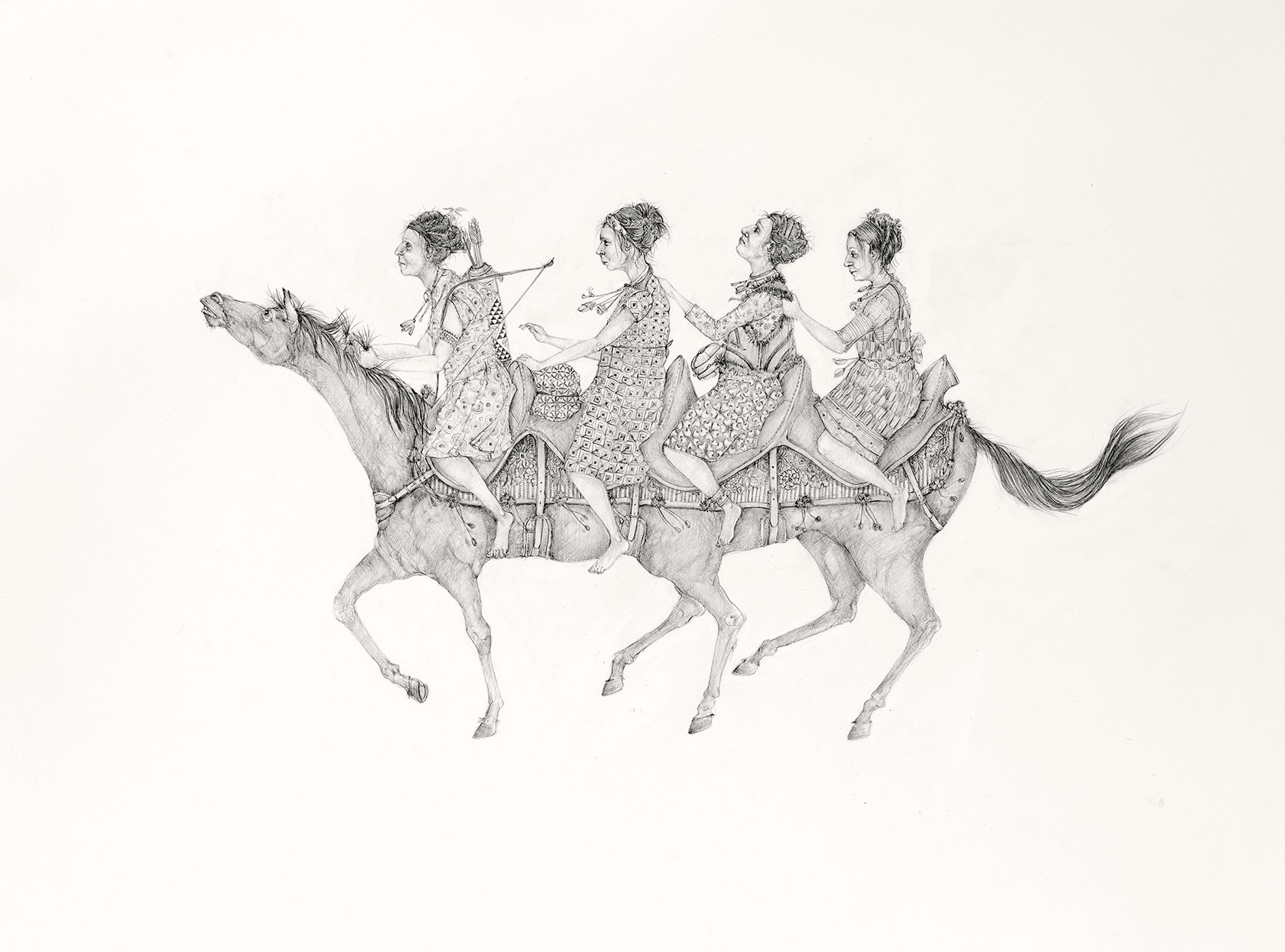 Four women riding on a horse with six legs