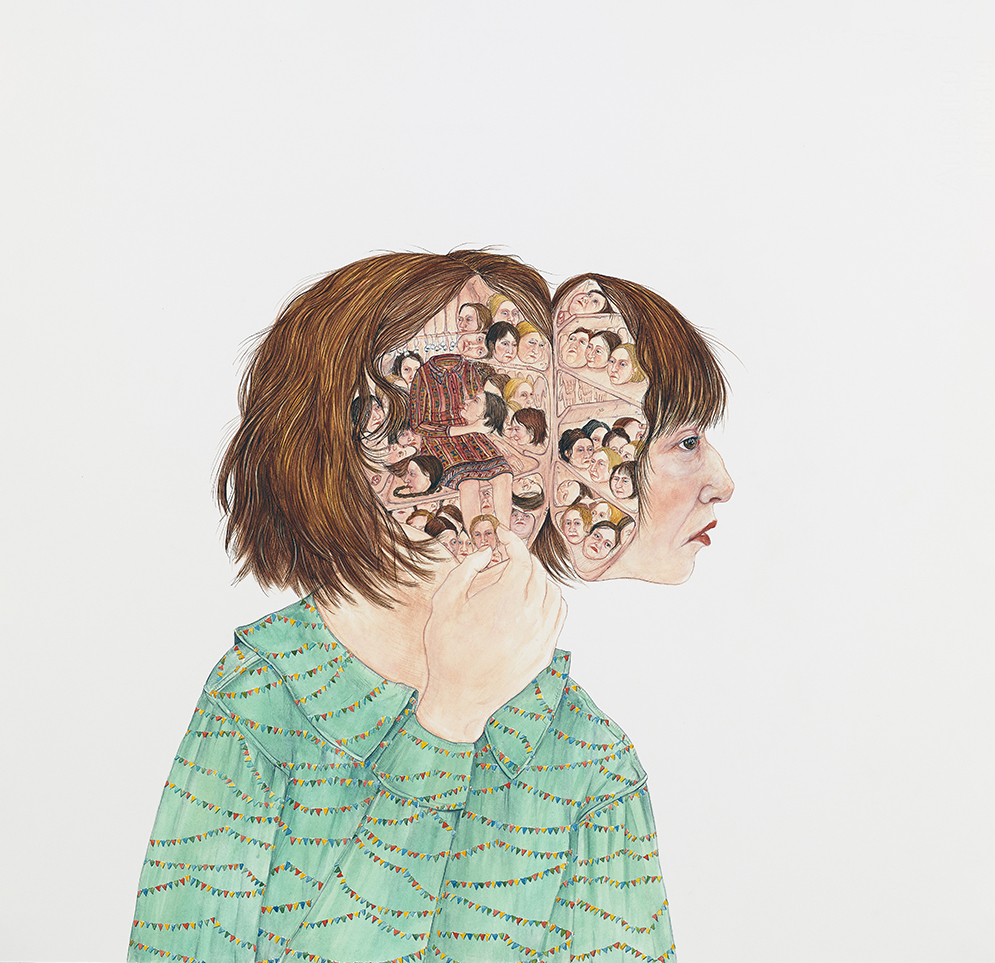 Woman with open head which is filled with many heads of other women