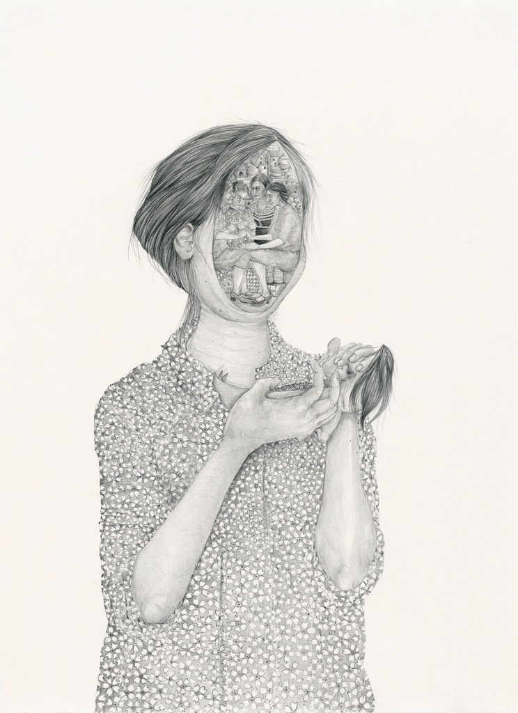 Woman without a face and a group of women inside her head