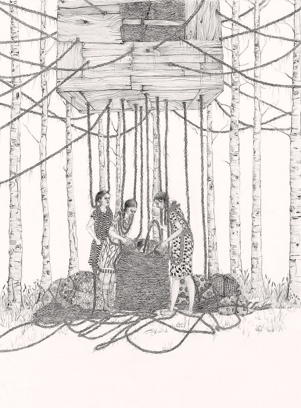 Three women with long braids standing under a tree house
