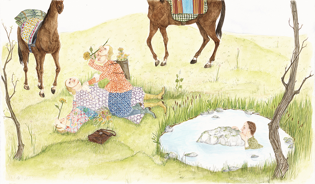 Two women and two horses in front of a puddle of water, 2019