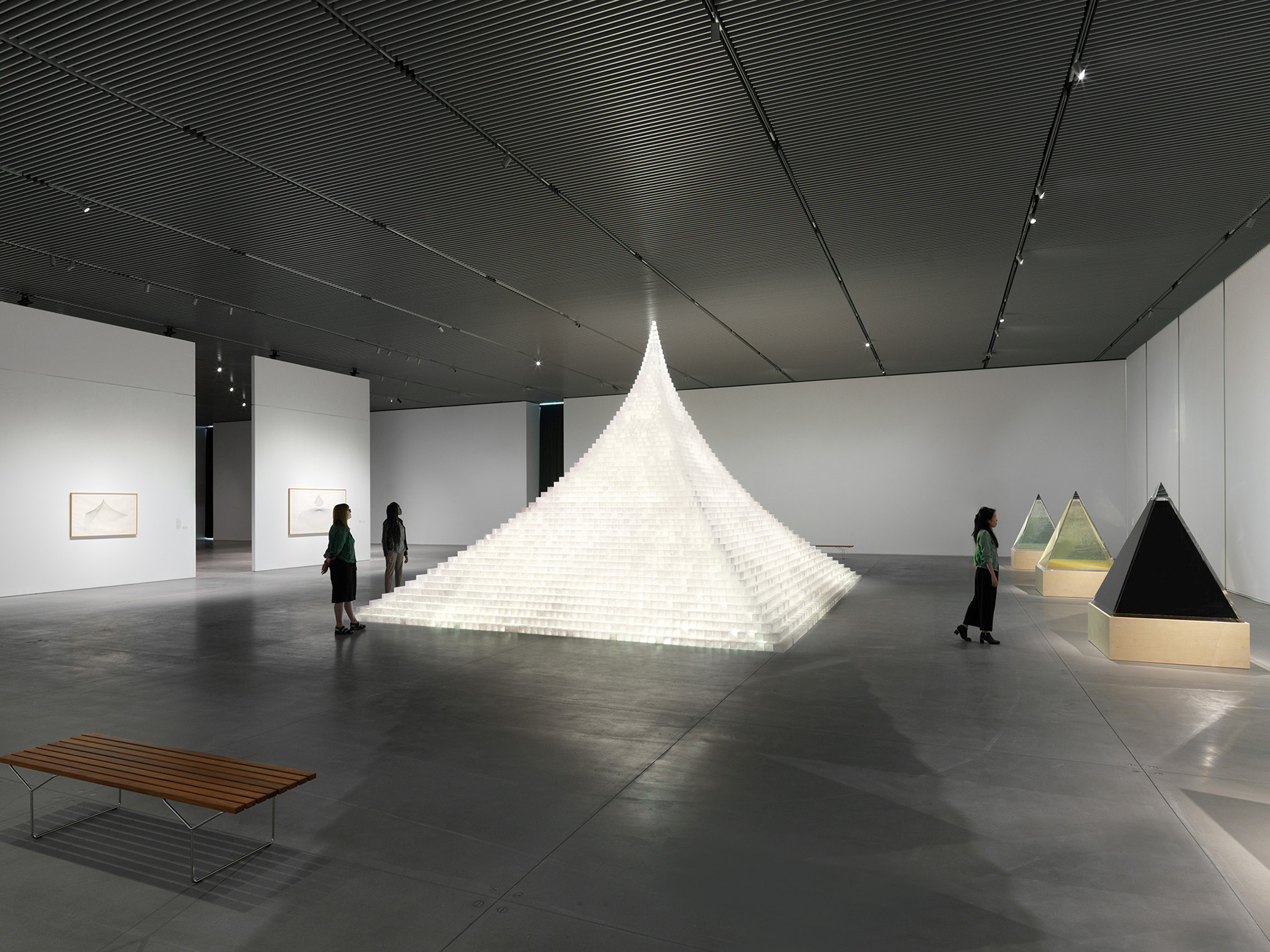 installation view: 'Model for Probability Pyramid—Study for Crystal Pyramid' and 'Pyramids of Conscience'