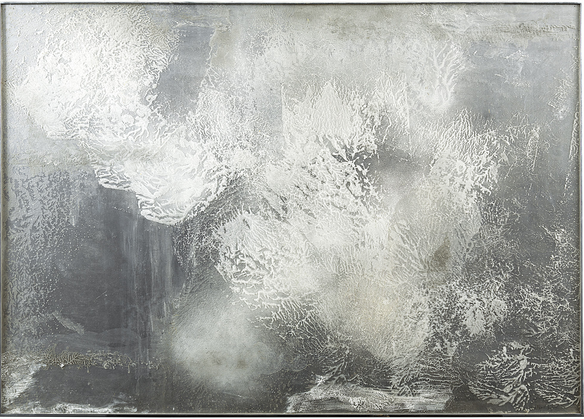 Abstract painting made using industrial materials such as aluminum, Plexiglas and spray paint, reflecting and refracting a white glow that changes visually with the viewer’s stance and the light conditions