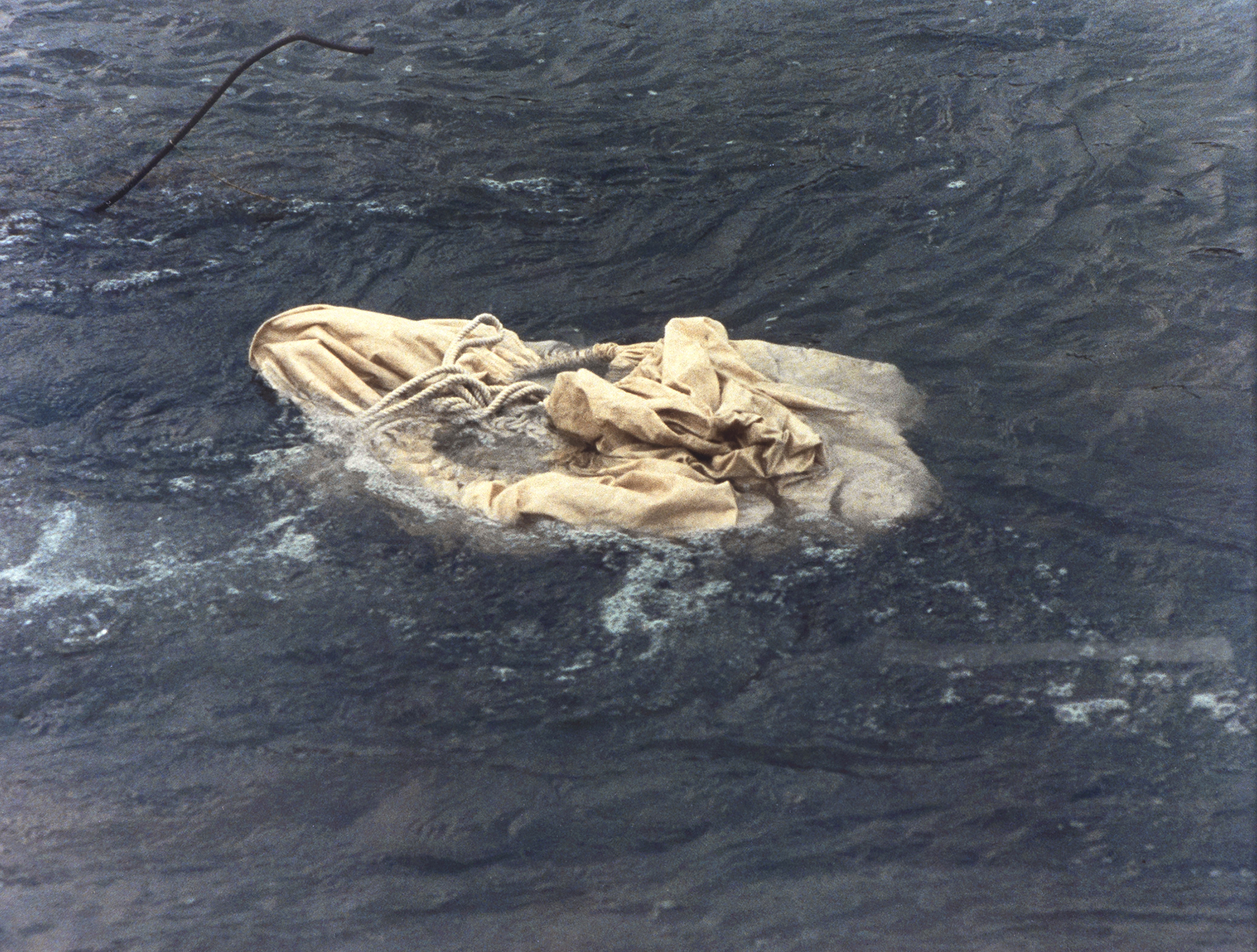 two cloth sacks filled with seeds floating on water