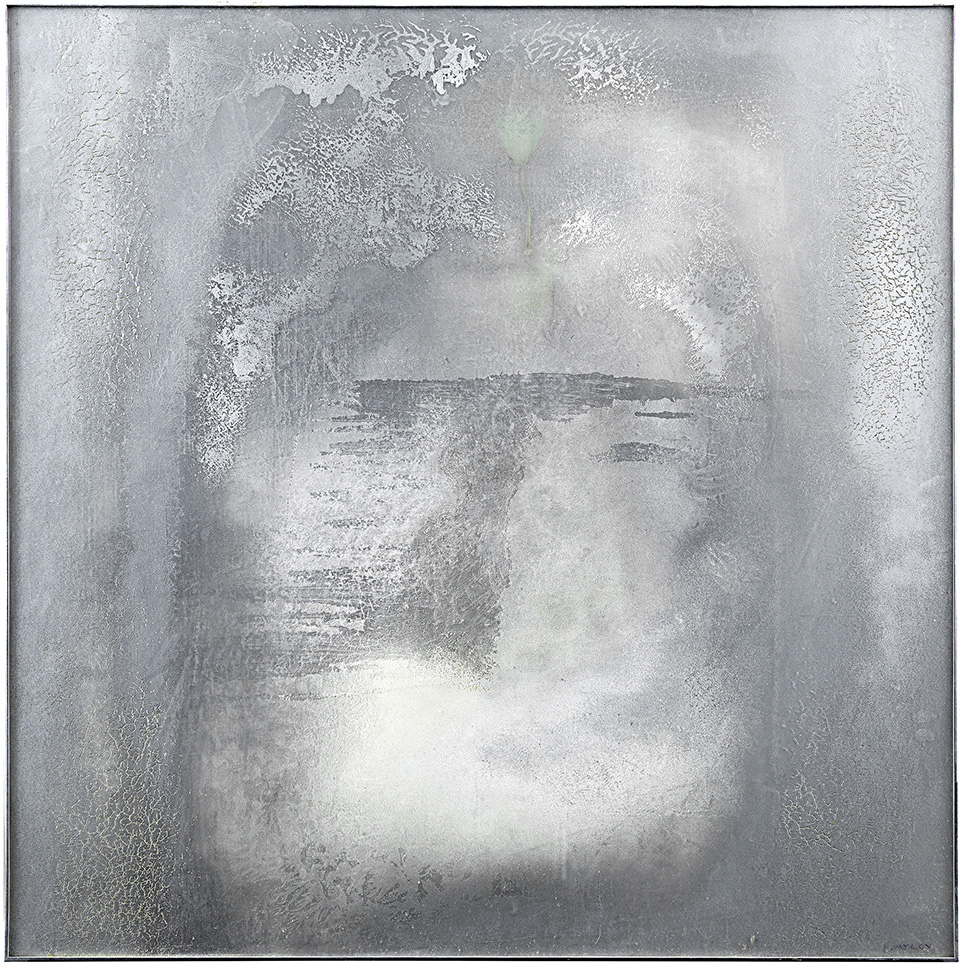 Abstract painting made using industrial materials such as aluminum, Plexiglas and spray paint, reflecting and refracting a silvery glow that changes visually with the viewer’s stance and the light conditions