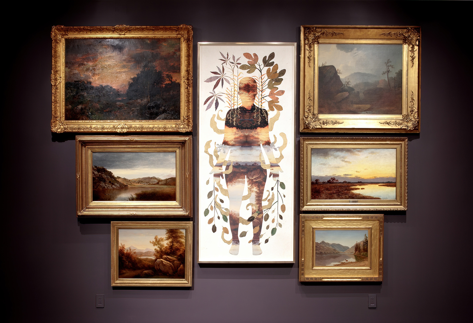 the artist's self-portrait installed among works by Hudson River School painters