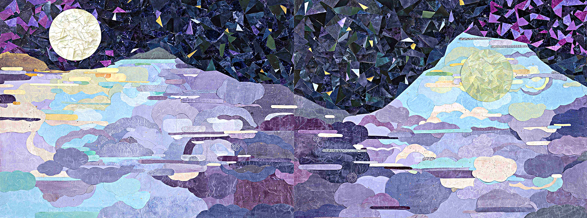 Collage of two circular shapes in front of a hilly landscape