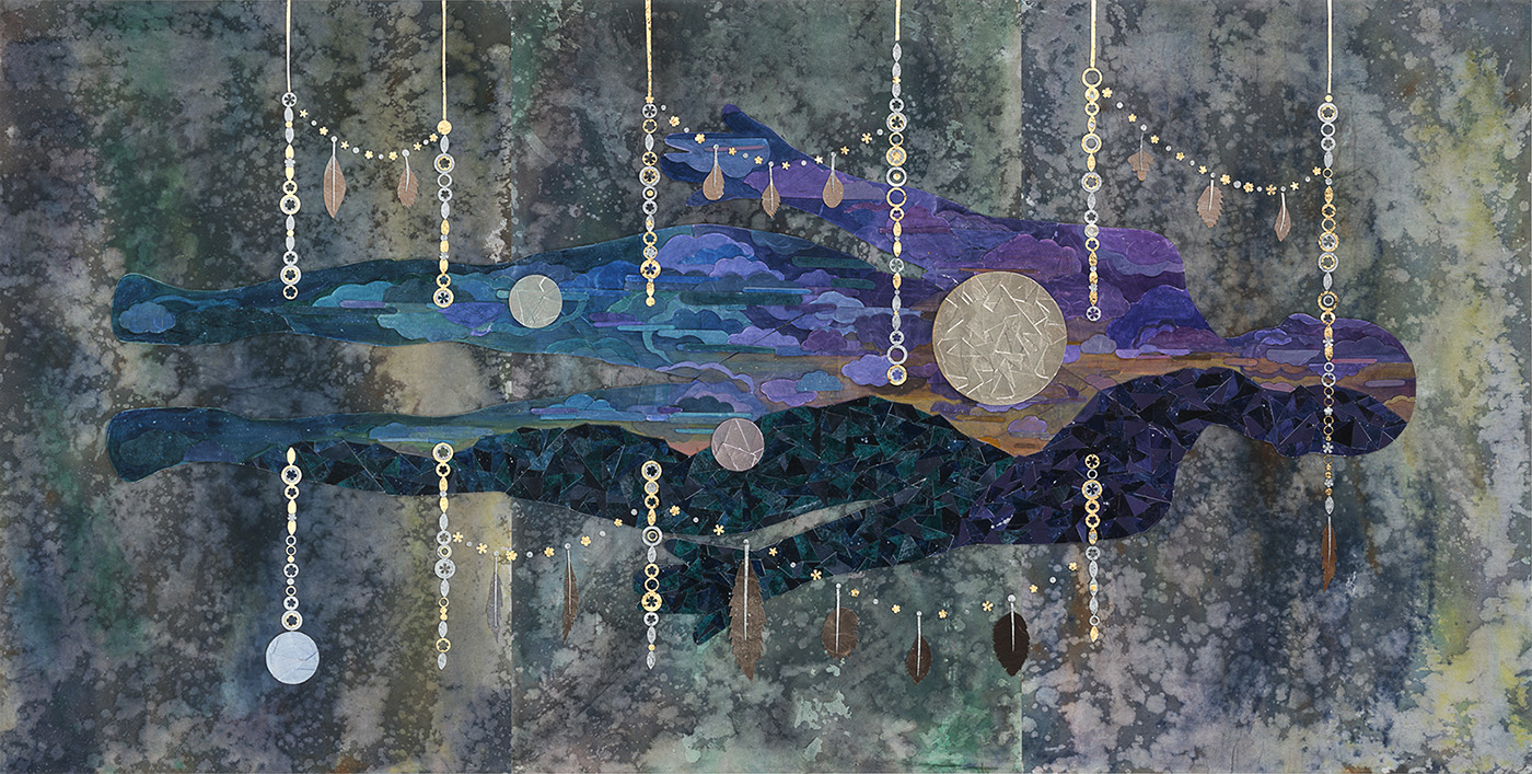 Life-size horizontal figure composed of collaged hand-painted elements depicting earth and sky with metallic chains