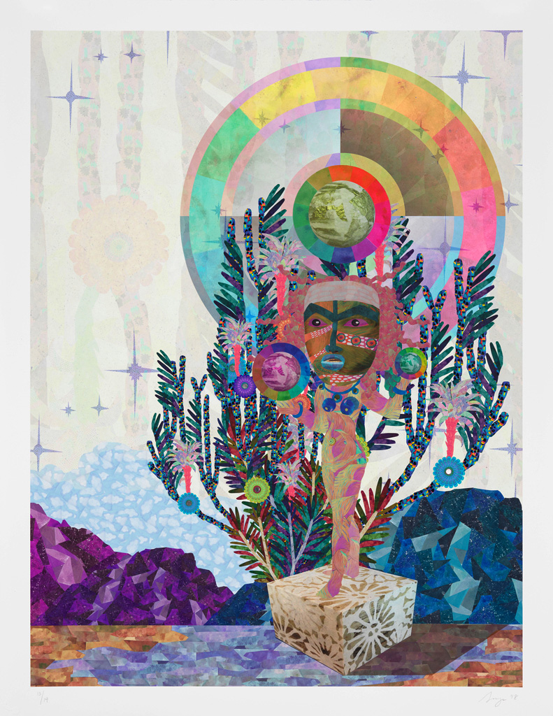 masked female figure holding colorful globes