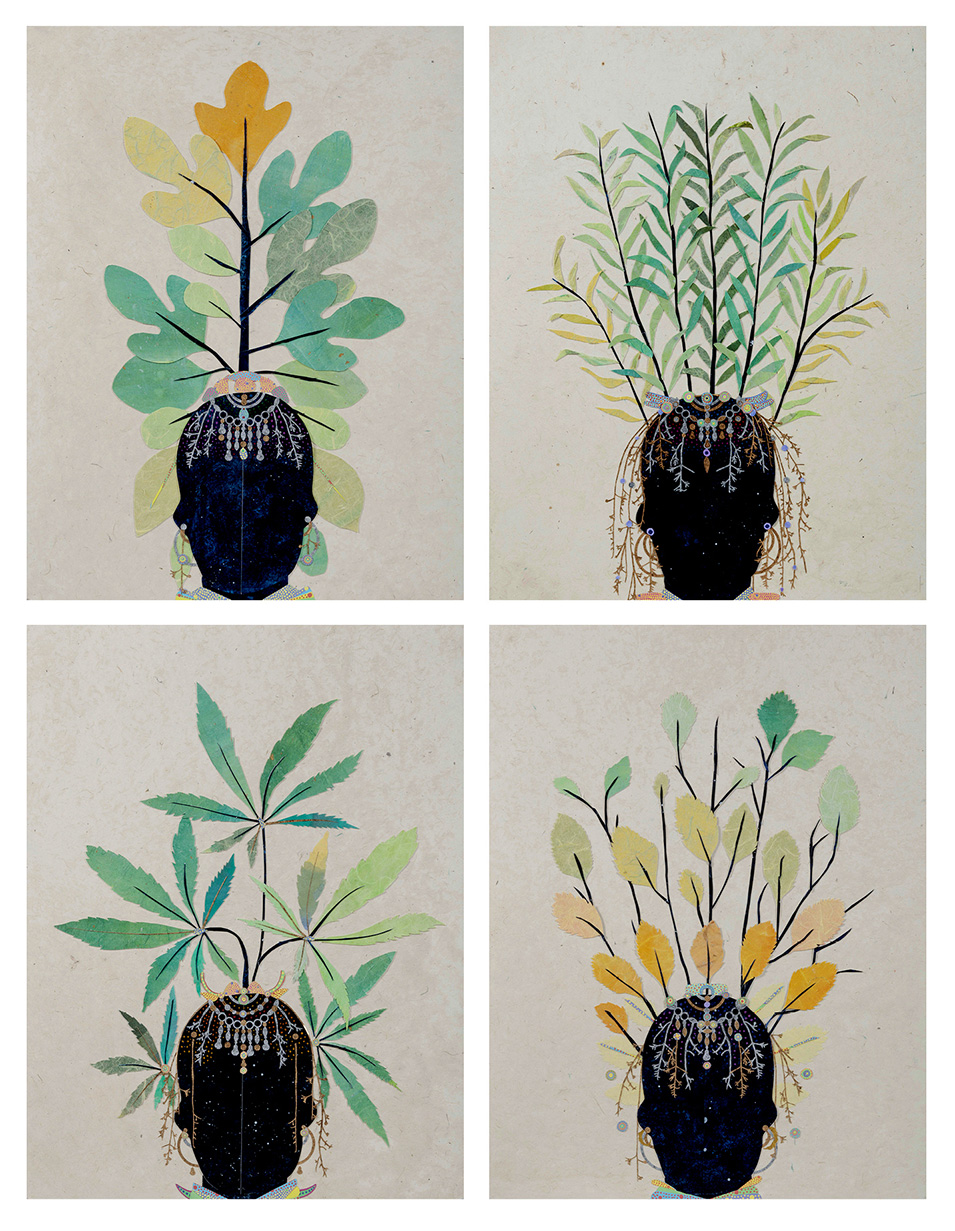 Four black female figures with leafy headdresses