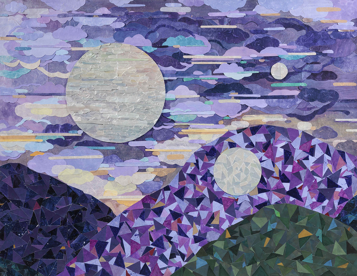 Collage of circular shapes in front of a hilly landscape