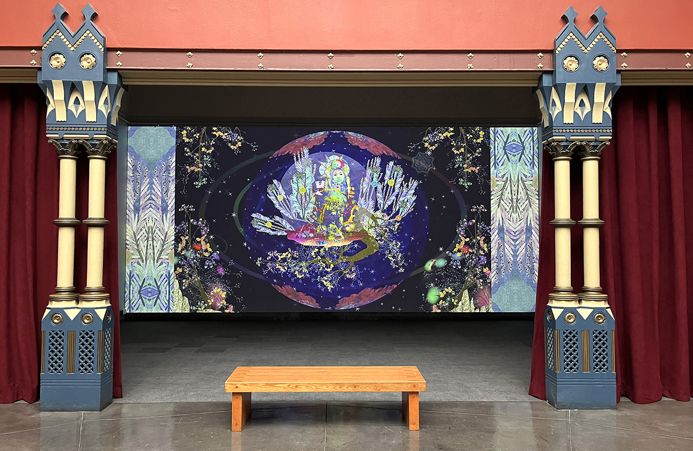 Video projection from We Emerge From the Sunset of Your Ideology by Saya Woolfalk at the Pennsylvania Academy of the Fine Arts Museum