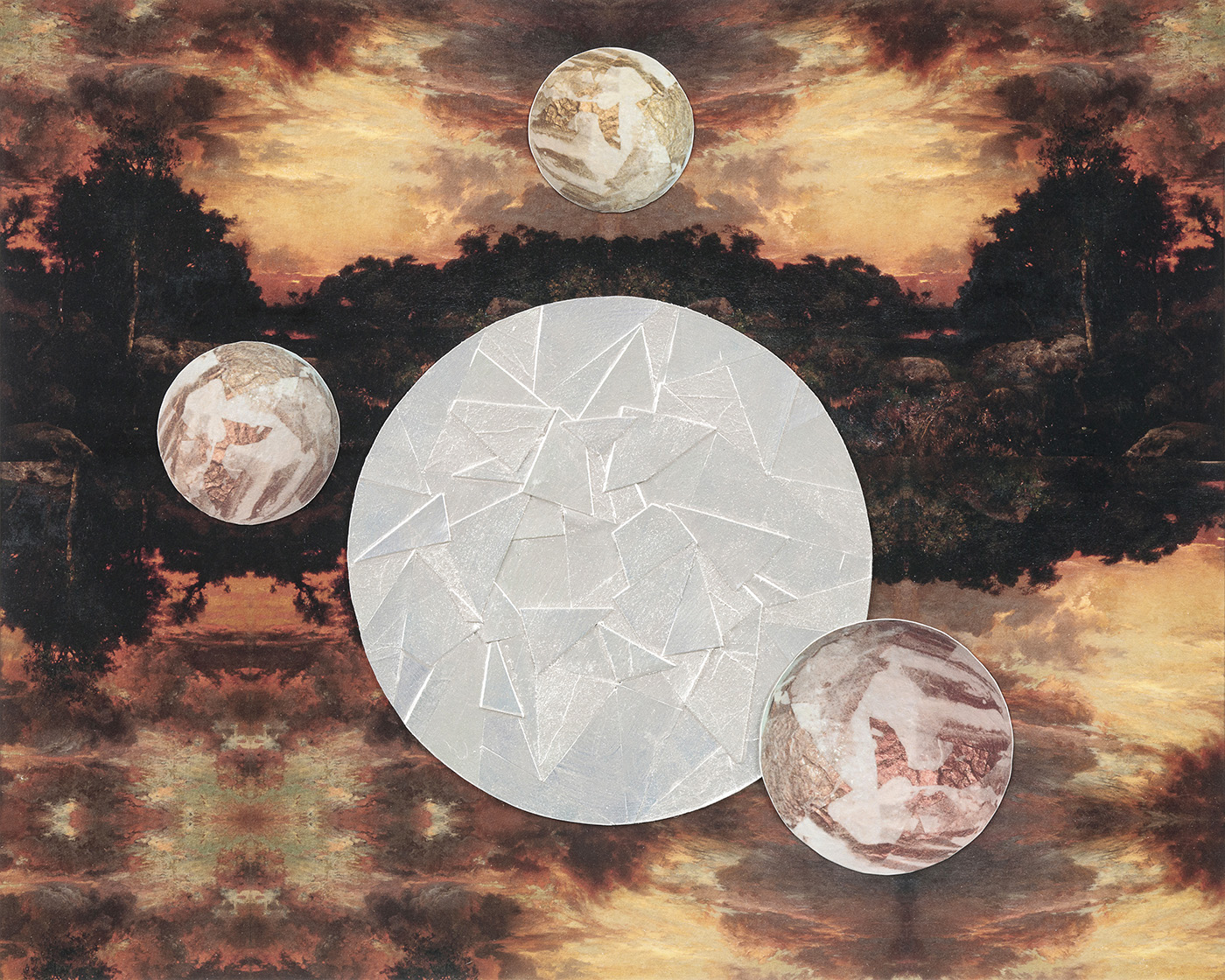 collage of circular shapes in front of landscape with sunset
