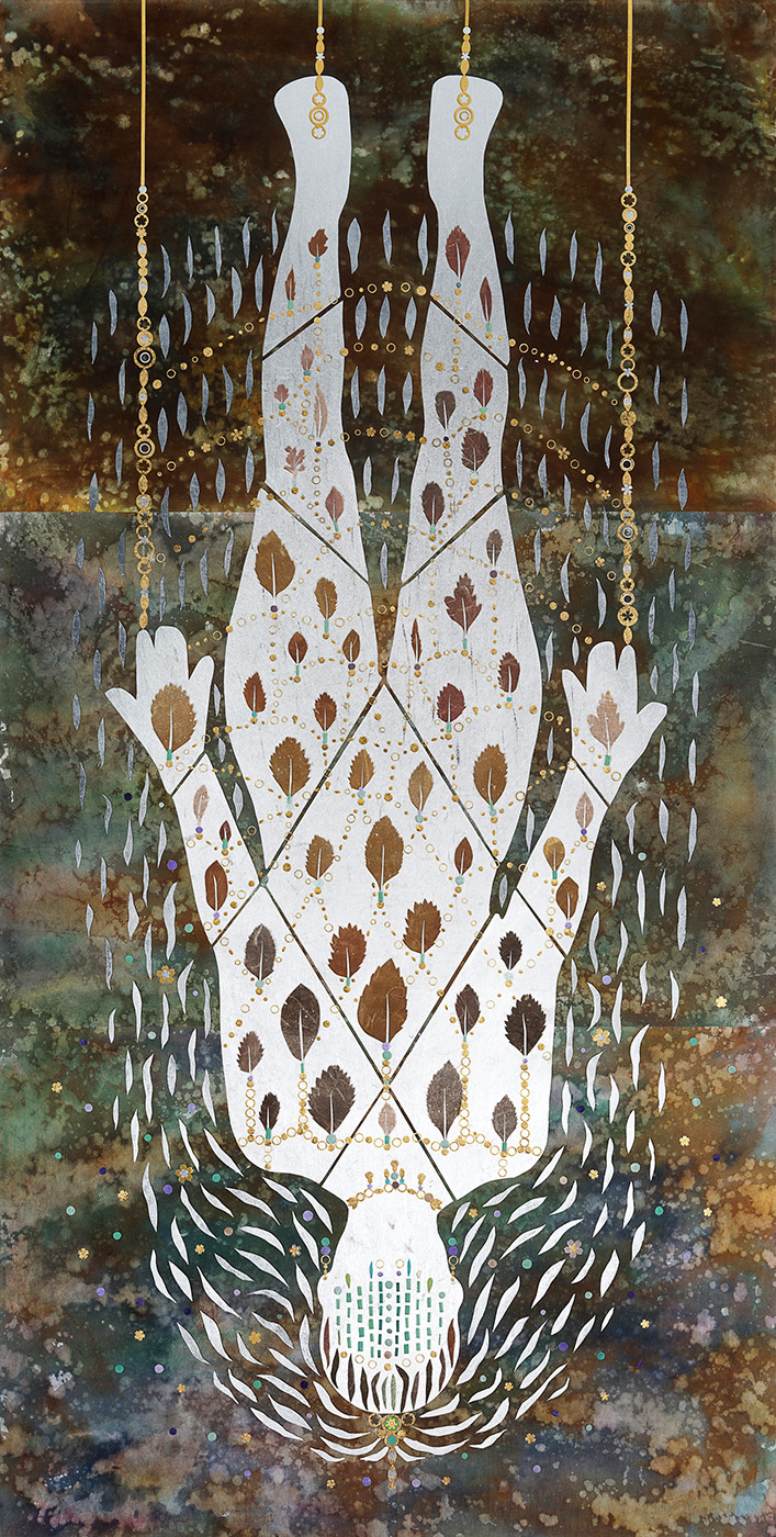 Lifesize upside-down female figure adorned with collaged, painted leaf forms