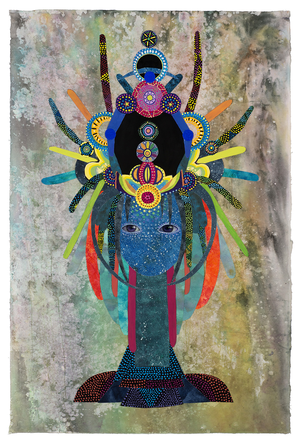 Collage of blue head wearing colorful ornamentation