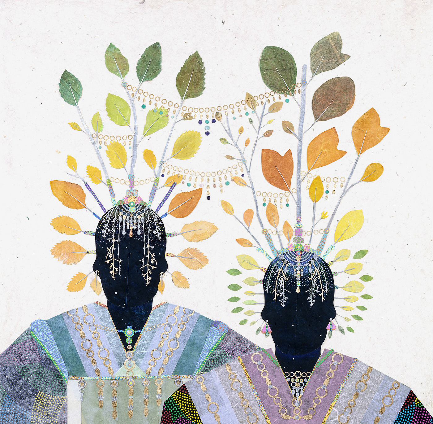 two black female figures with headdresses composed of metallic chains and medicinal plants